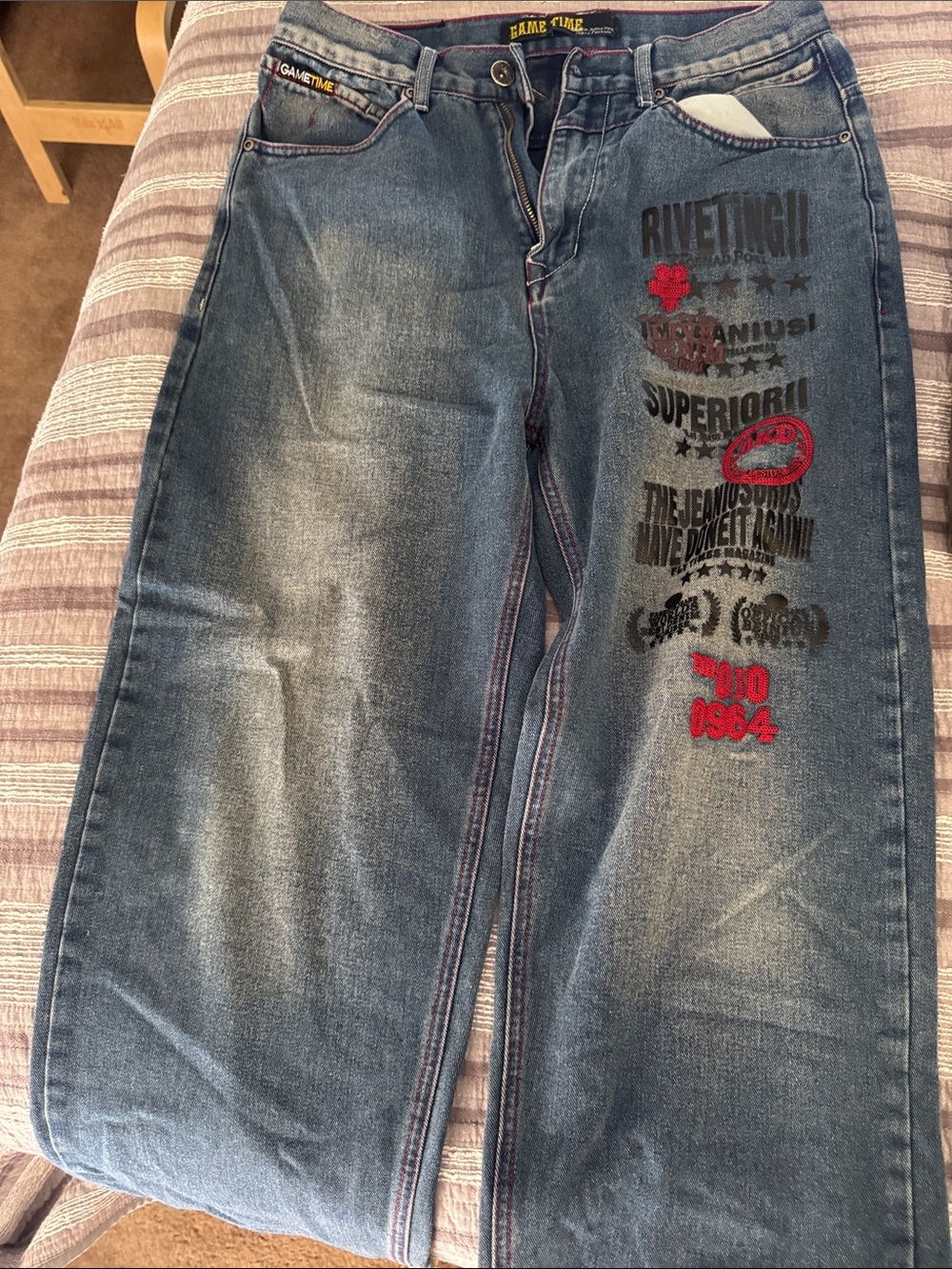 Game Time Men's Faded Blue Straight Jeans with Black & Red Graphics